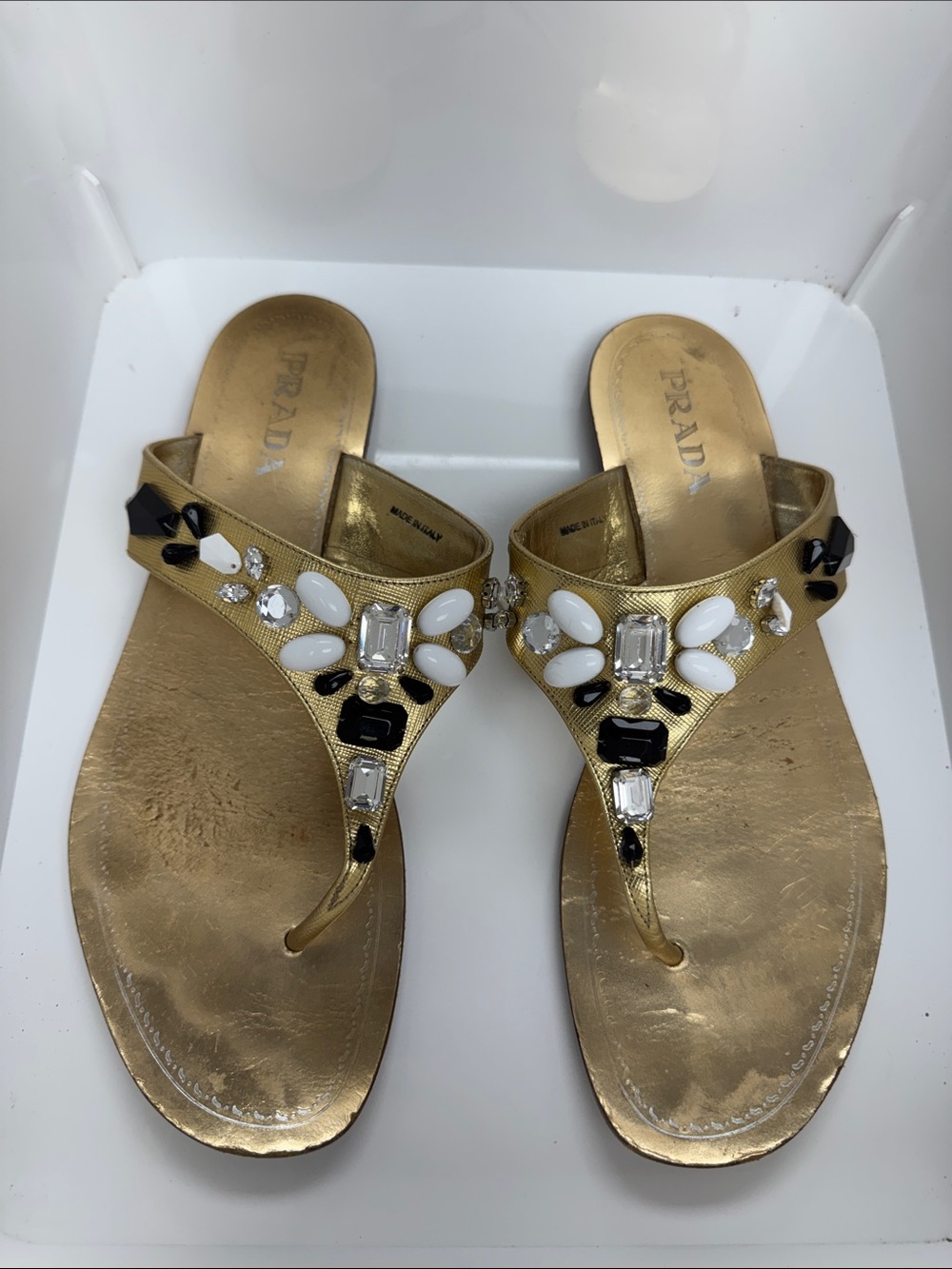 Prada Gold Thong Sandals with Black and White Gem Accents